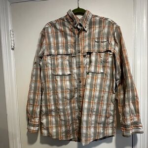 LL Bean Mens Medium Regular Vented Back Grey/orange plaid Button Up Seersucker.